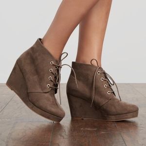 JustFab Palma Taupe Lace Up Wedge Bootie